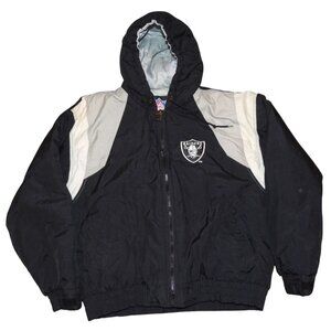 Vintage 1990s Oakland Raiders Hooded Puffer NFL Game Day Black Coat Jacket Large